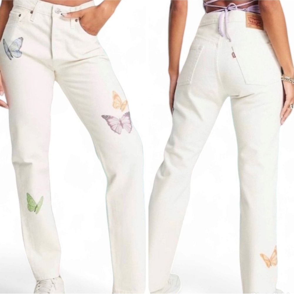 Levi’s 501 White Butterfly High waist Stright Leg Denim Jeans Women Size 26/28